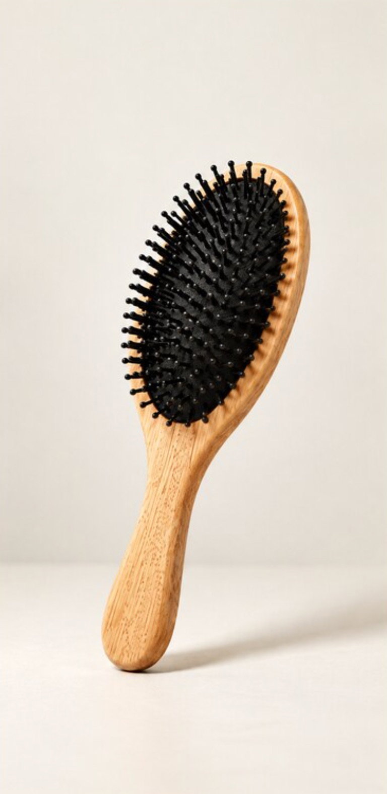 The product: a wooden paddle hairbrush with black bristles