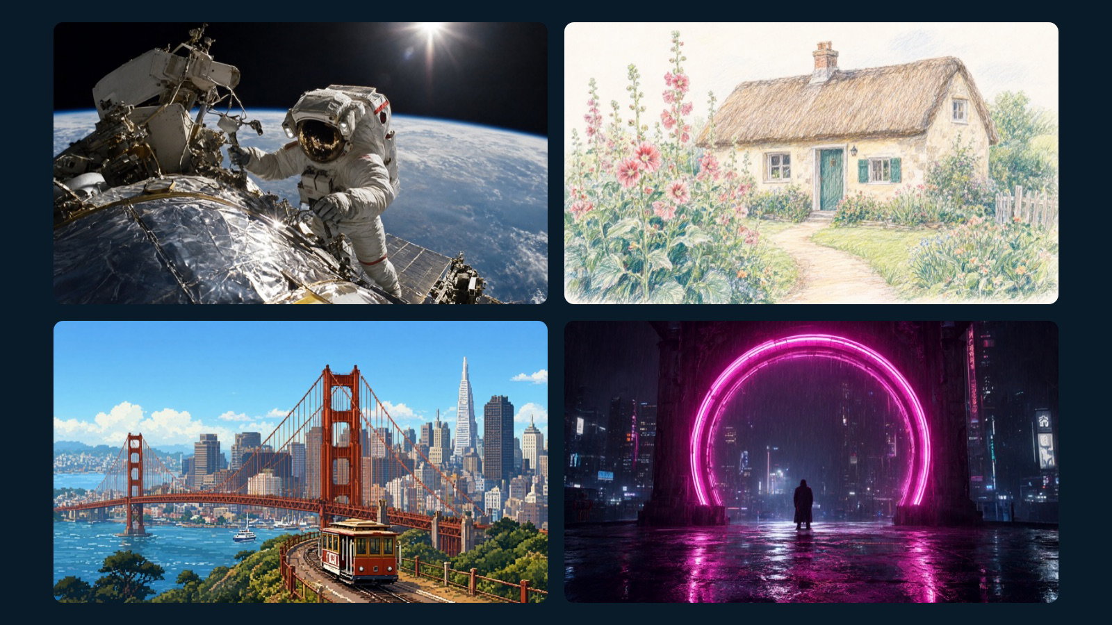 Four pictures from the Platform gallery: an astronaut above the Earth, a watercolour cottage, the Golden Gate Bridge in pixel art and a neon arch on a rainy street