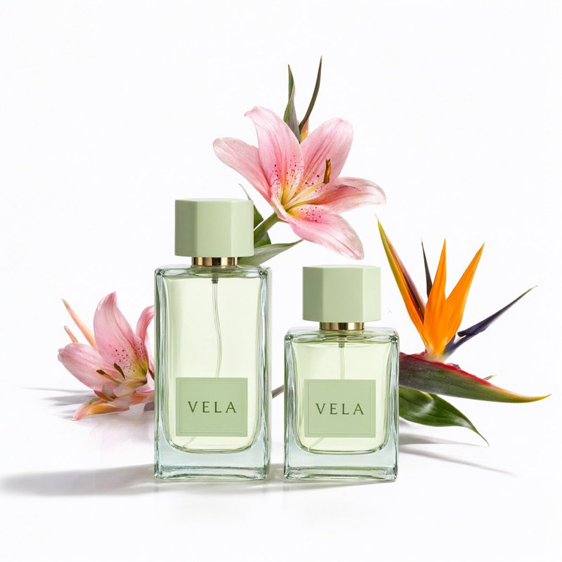 Two VELA perfume bottles with pink lilies and a bird-of-paradise flower