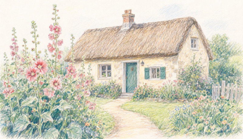 A thatched cottage with hollyhocks along the path, in watercolour