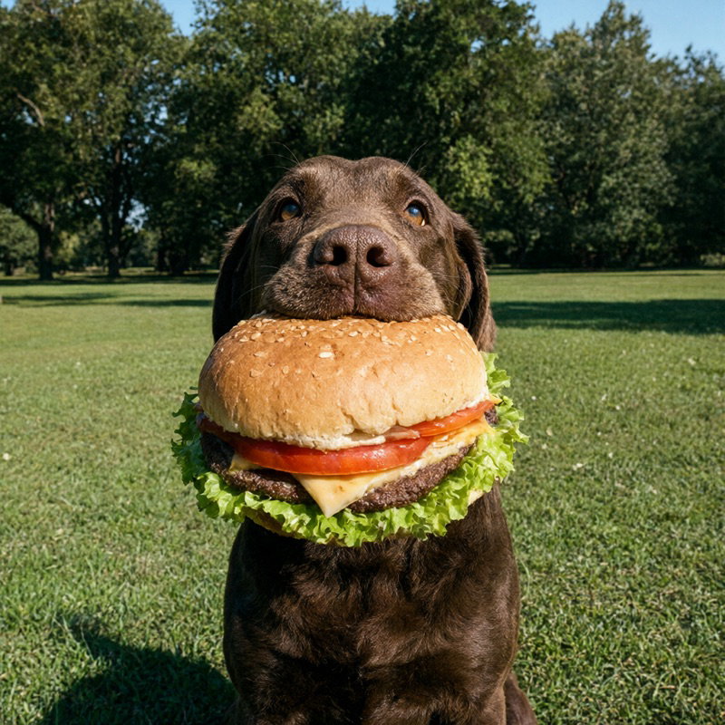 A brown dog carries a burger across a sunny park