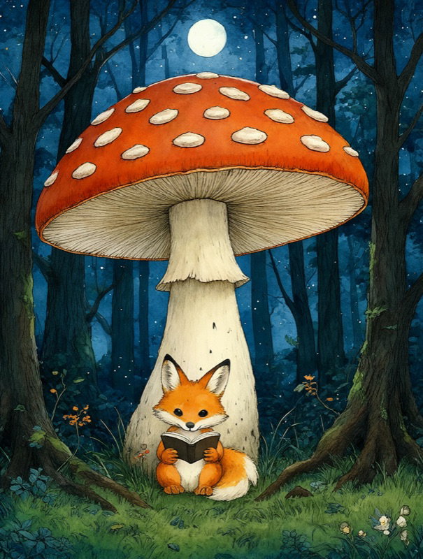 A fox reading a book under a giant red toadstool in a moonlit forest, illustrated