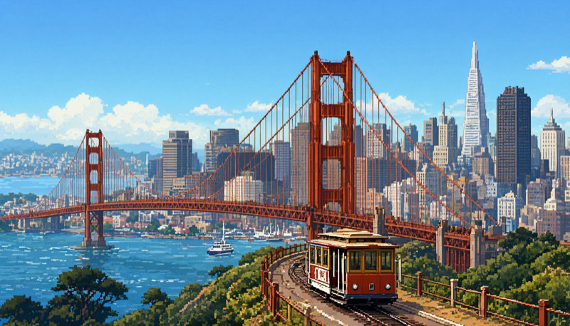 The Golden Gate Bridge and a cable car above the bay, illustrated