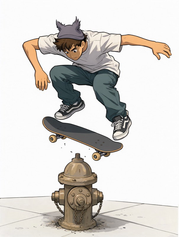 A skateboarder kickflips over a fire hydrant, in a comic style
