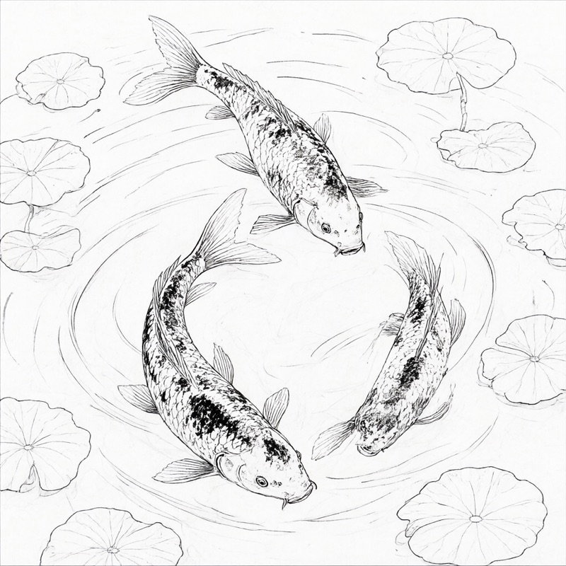 Two koi circling among lily pads, drawn in black line art