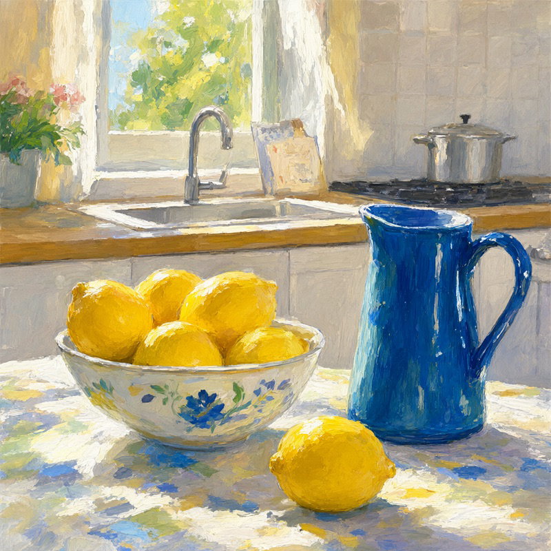 A bowl of lemons and a blue jug on a sunny kitchen table, painted
