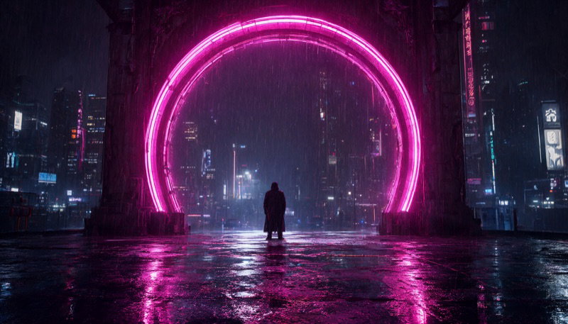 A figure walks under a pink neon arch on a rainy night street