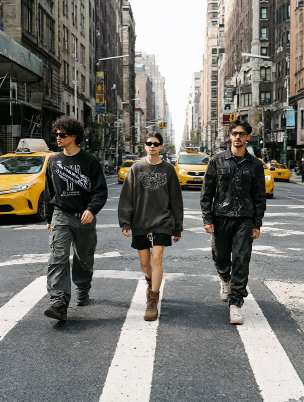 Three friends in dark clothes cross a New York street among yellow cabs