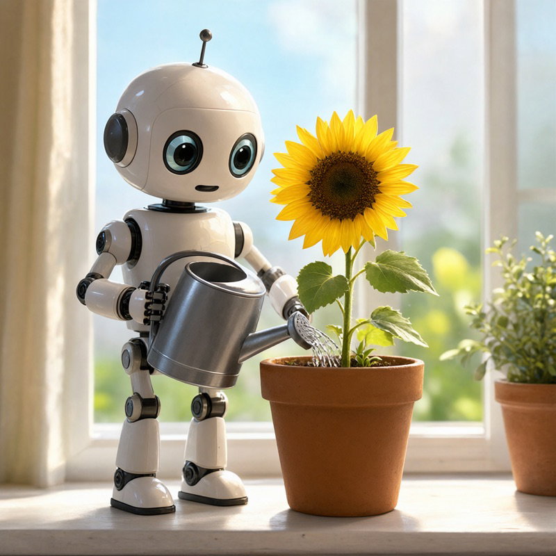A small white robot watering a sunflower on a sunny windowsill