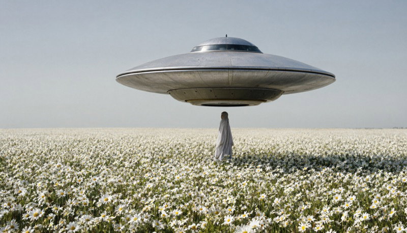 A flying saucer hovers over a field of white daisies
