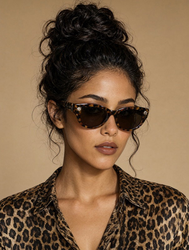 A woman in tortoiseshell sunglasses and a leopard-print shirt