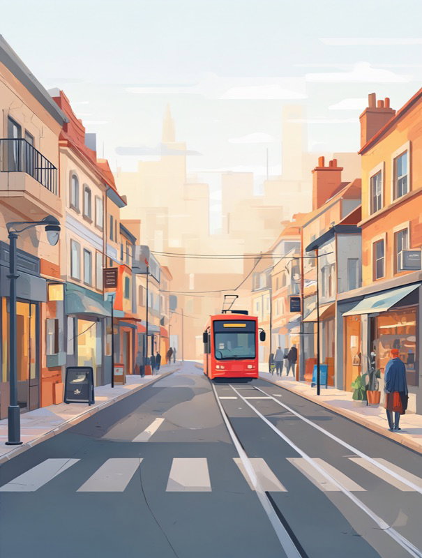 An illustrated city street with a red tram, in warm evening light