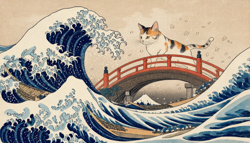 A cat on a red bridge under a great wave, in the style of a Japanese woodblock print