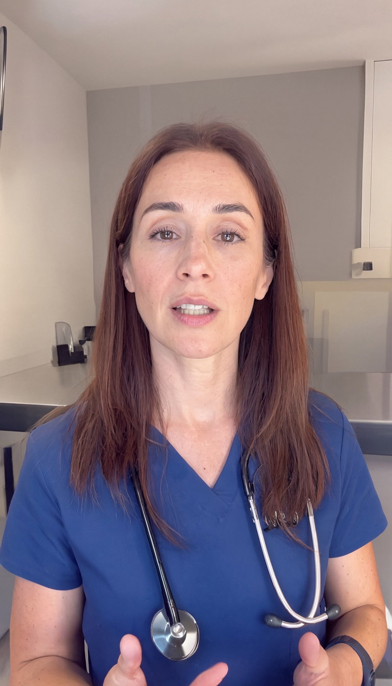 The face that went in: a presenter in blue scrubs with a stethoscope