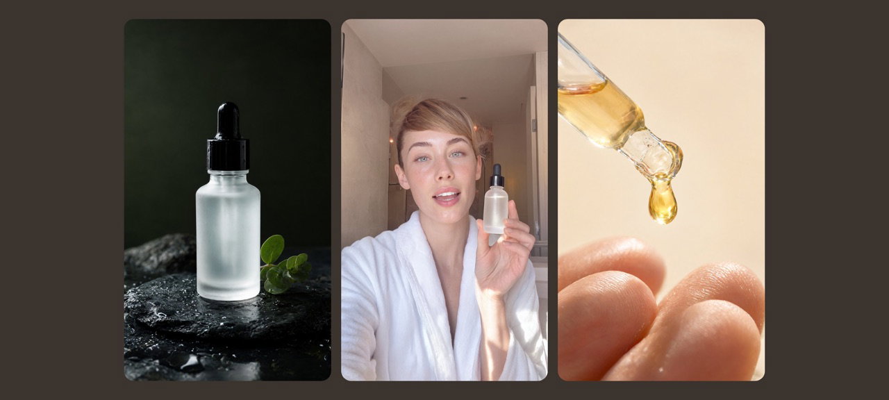 A serum launch set: the product shot, a presenter holding it, a close-up of the dropper