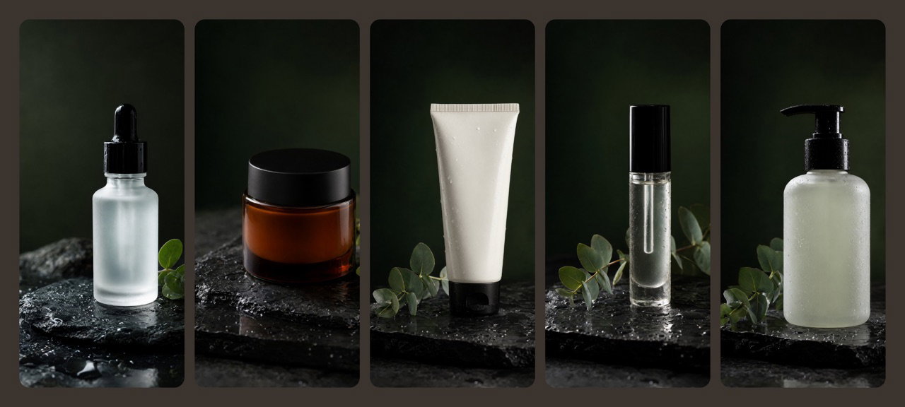 Five skincare products, each shot in the same style