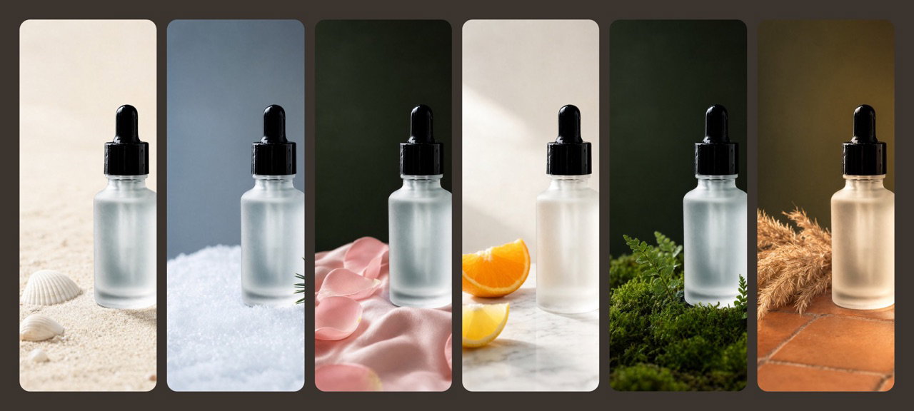 The same serum bottle in six new scenes