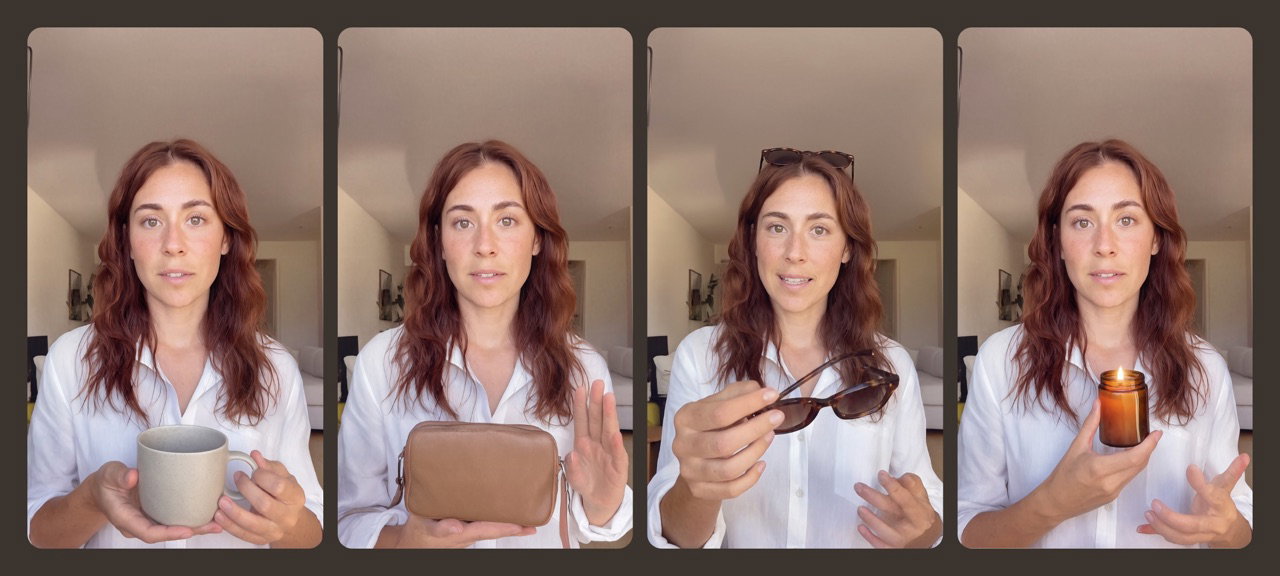 The same presenter holding a mug, a bag, sunglasses and a candle