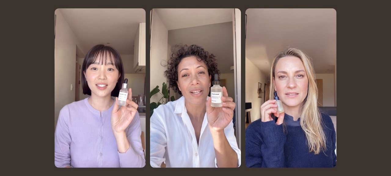 Three presenters, one per market, each holding the same serum