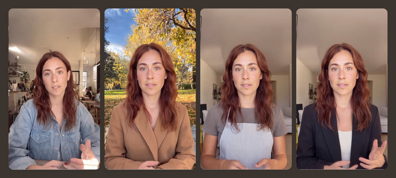The same presenter in a cafe, a park, a kitchen and an office