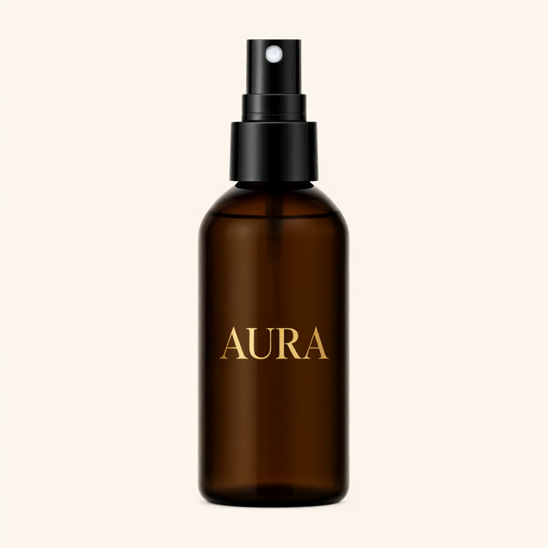 An amber spray bottle labelled Aura