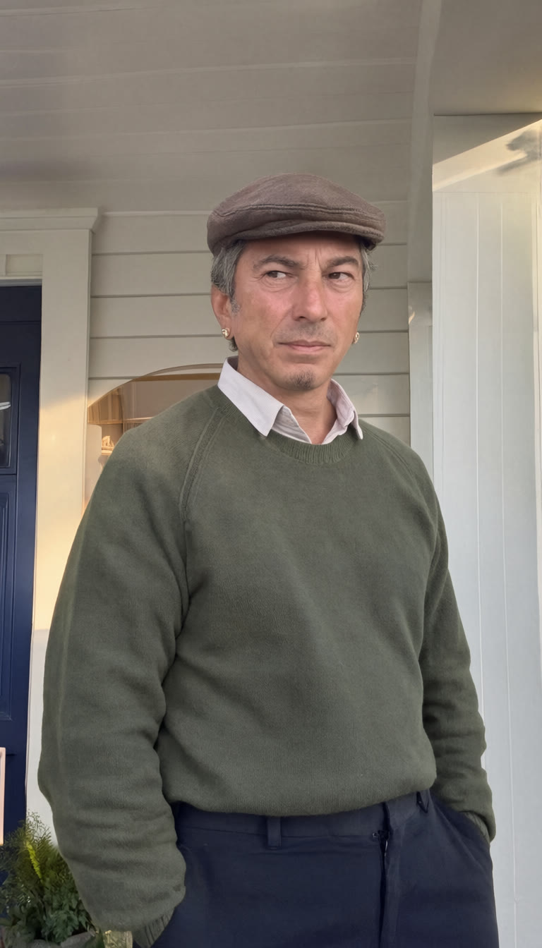 The generated presenter: a grey-haired man in a green jumper and a flat cap, on a porch